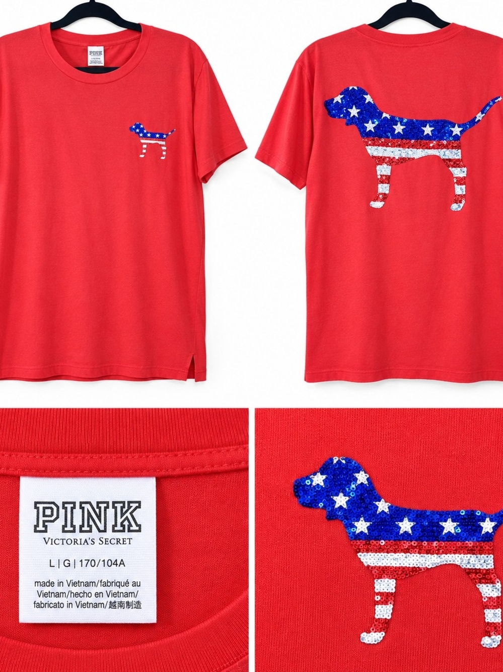 PINK Victoria's Secret Kids Red Tee with Sequin American Flag Dog
